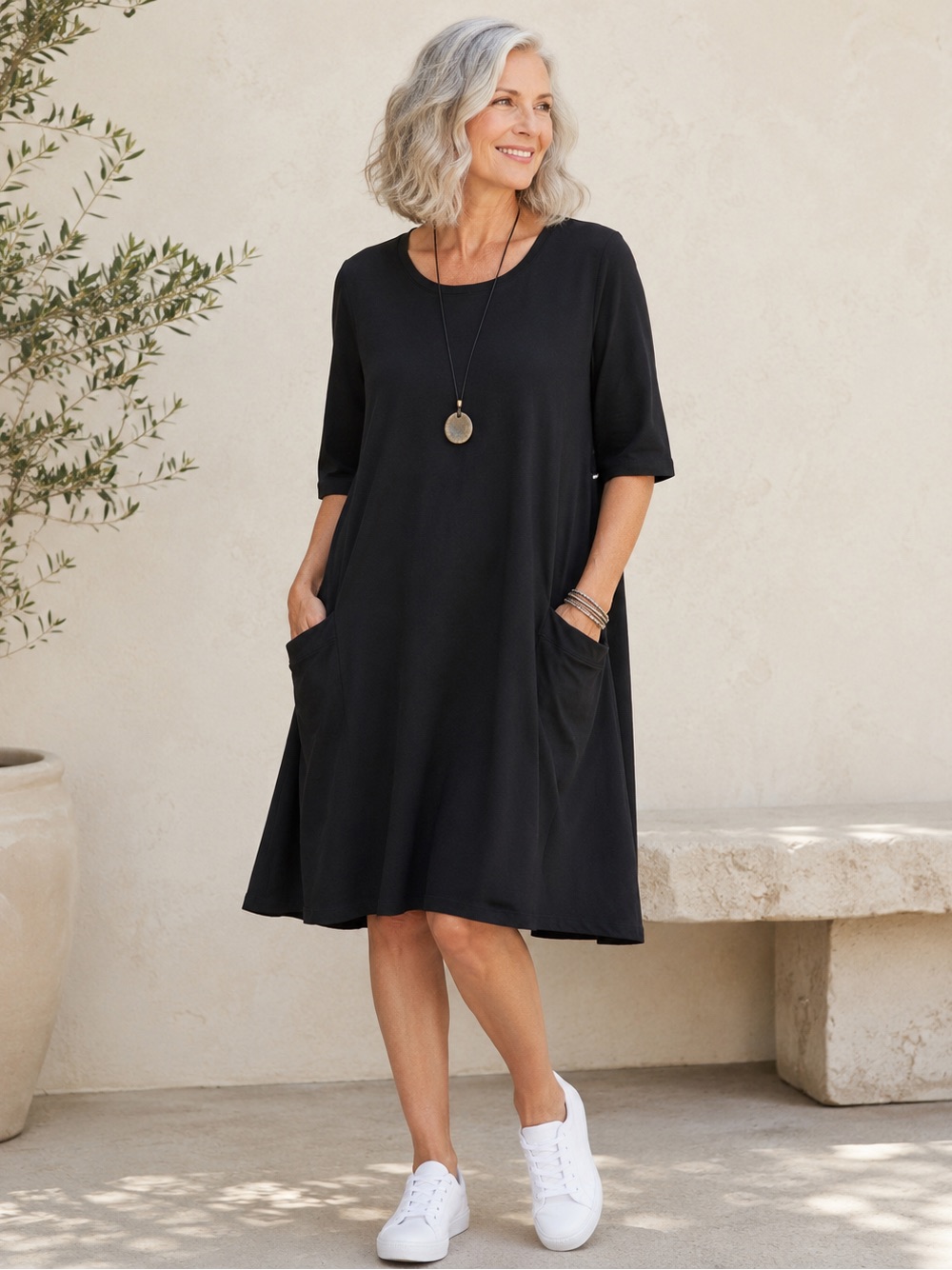 Habitat Clothes To Live In 100% Cotton Black Swing Dress Pockets Stretchy
